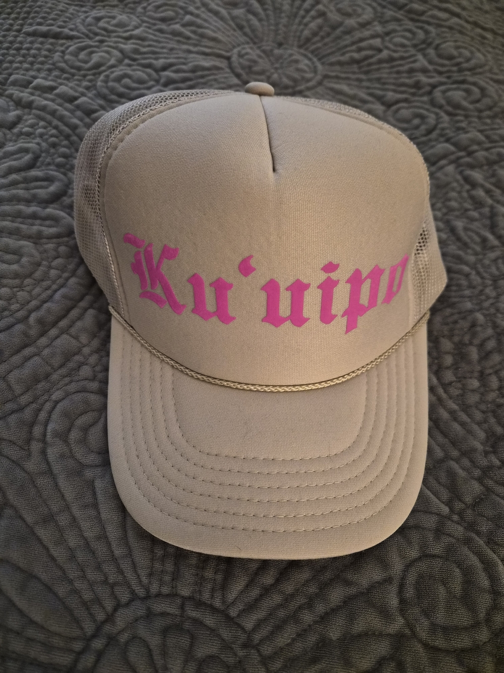 ALOHA Collection Beige Trucker Hat with Pink Ku'uipo Logo